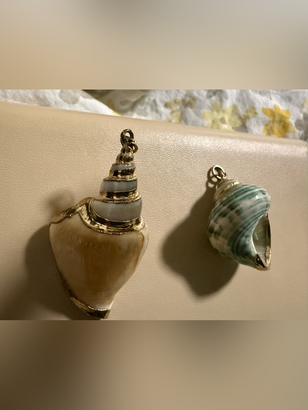 Shell Pendant Necklace Charm - Gold Trim Green & Cream